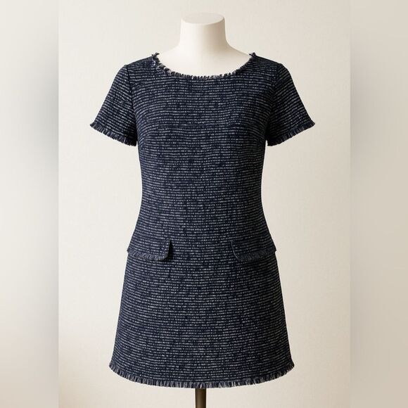 Banana Republic Dress 14 Tweed Mini Black Blue White Fringe Short Sleeve Pockets - Picture 2 of 10